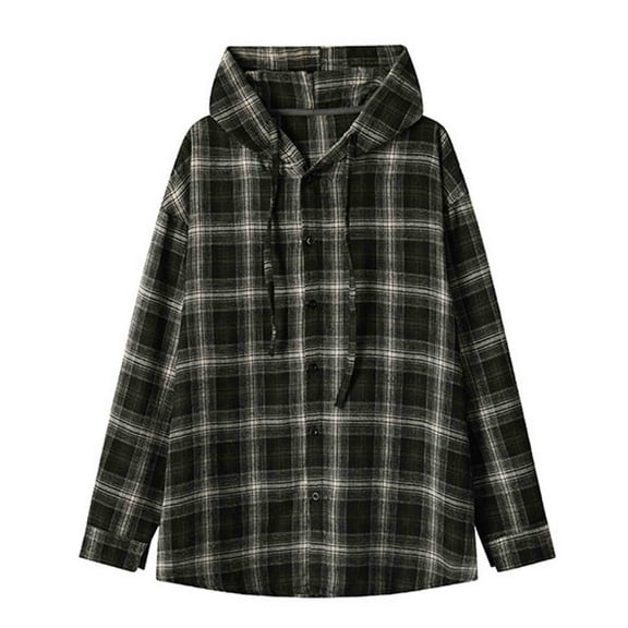 FDGIU Men's Fall Flannel Hoodie - Button Down Plaid Shirt Jacket, Casual Long Sleeve Overshirt, Stylish Lightweight Fall Outerwear