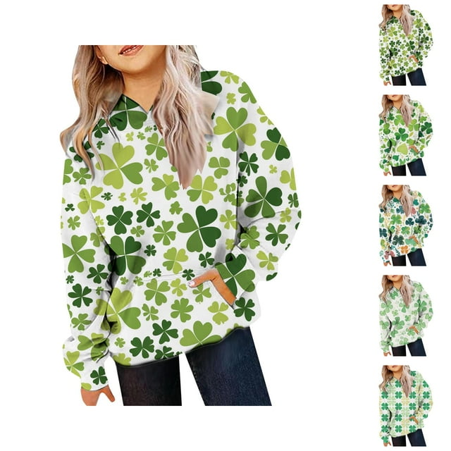 Chandail à Capuche pour Enfants Manches Longues Trèfle Graphique avec Poches pour Garçons Filles Chandail