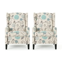 GDF Studio Weyland Contemporary Fabric Pushback Recliner, Set of 2, Light Beige with Blue Floral and Dark Brown