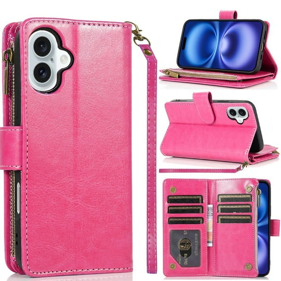 For iPhone 17 Luxury Wallet Card ID Zipper Money Holder Case Cover - Hot Pink
