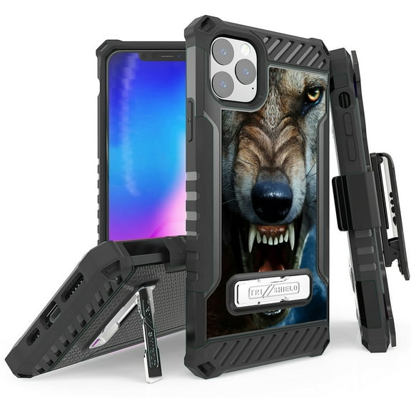 Tri-Shield [FIERCE CREATURE SERIES] Rugged Case Metal Kickstand Cover   Belt Clip Holster [ANIMAL DESIGN] for Apple iPhone 11 Pro (2019, 5.8" Model)