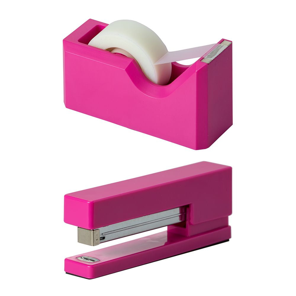 JAM Paper Office & Desk Set, Fuchsia Pink, 1 Stapler & 1 Tape Dispenser