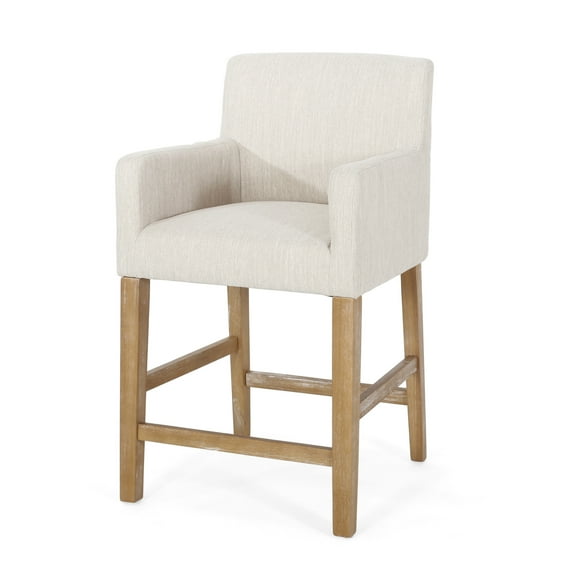 Noble House Deville Indoor Fabric Upholstered Wood 26 inch Counter Stool, Beige and Weathered Brown