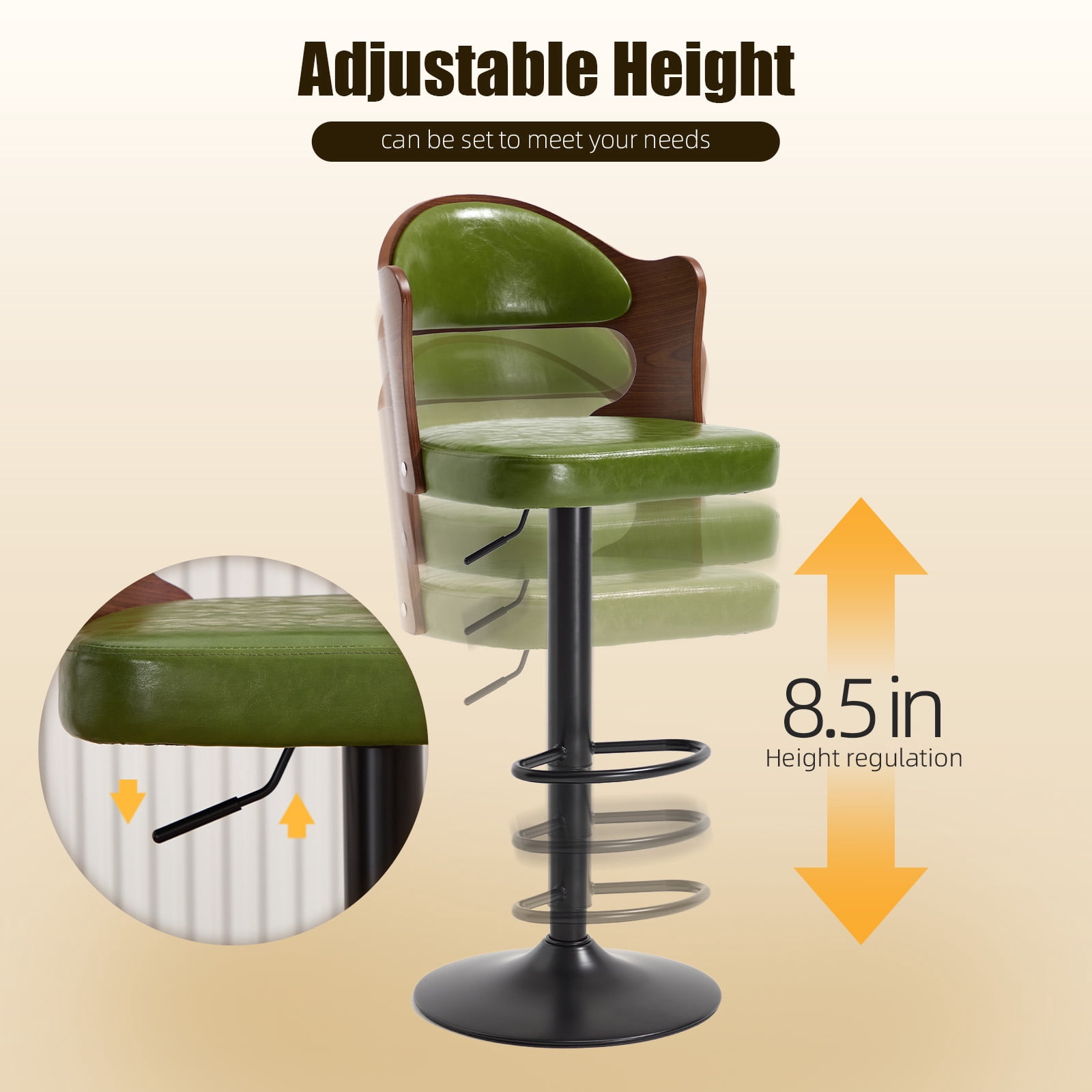 Homefun Swivel Bar Stools Set of 2,Wooden Upholstered Scratch-Resistant Fabric with Back,Chairs for Kitchen Island,Green