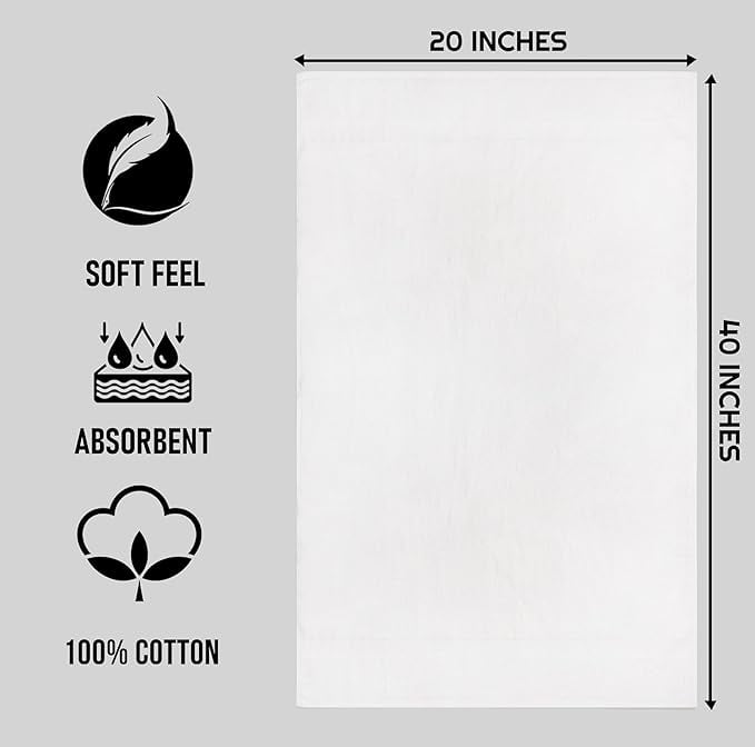 ZUPERIA White Bath Towels, 12-Pack (20x40), 100% Cotton, Lightweight, Quick-Dry, Soft & Absorbent, Ideal for Hotels, Gyms & Commercial Use