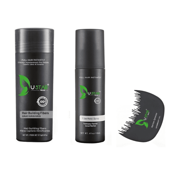 USTAR Hair Building Fibers 0.97oz / 27.5g 3 in 1 Pack(HAIR FIBERS, COMB, HOLD SPRAY)