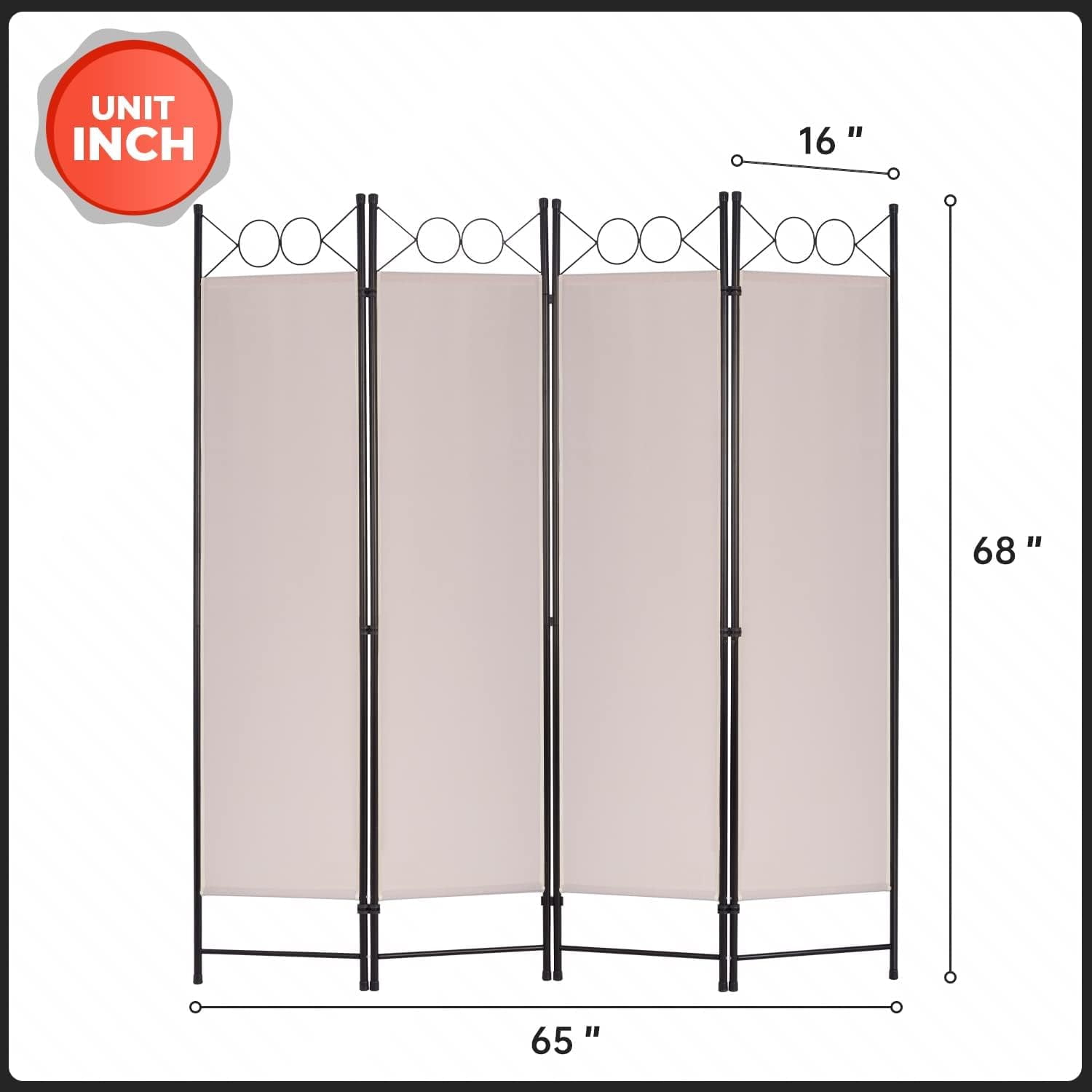 YRLLENSDAN 4 Panel Room Divider 6FT Steel Frame Screen Folding Privacy Divider Freestanding Partition for Home Office Bedroom (Tan)