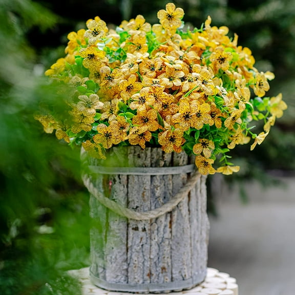 6PCS Artificial Violet Flowers for Outdoors Fake Plants Faux Outside Boxwood No Fade UV Resistant Plastic Shrubs Spring Home Decor Farmhouse Garden Greenery(Yellow)