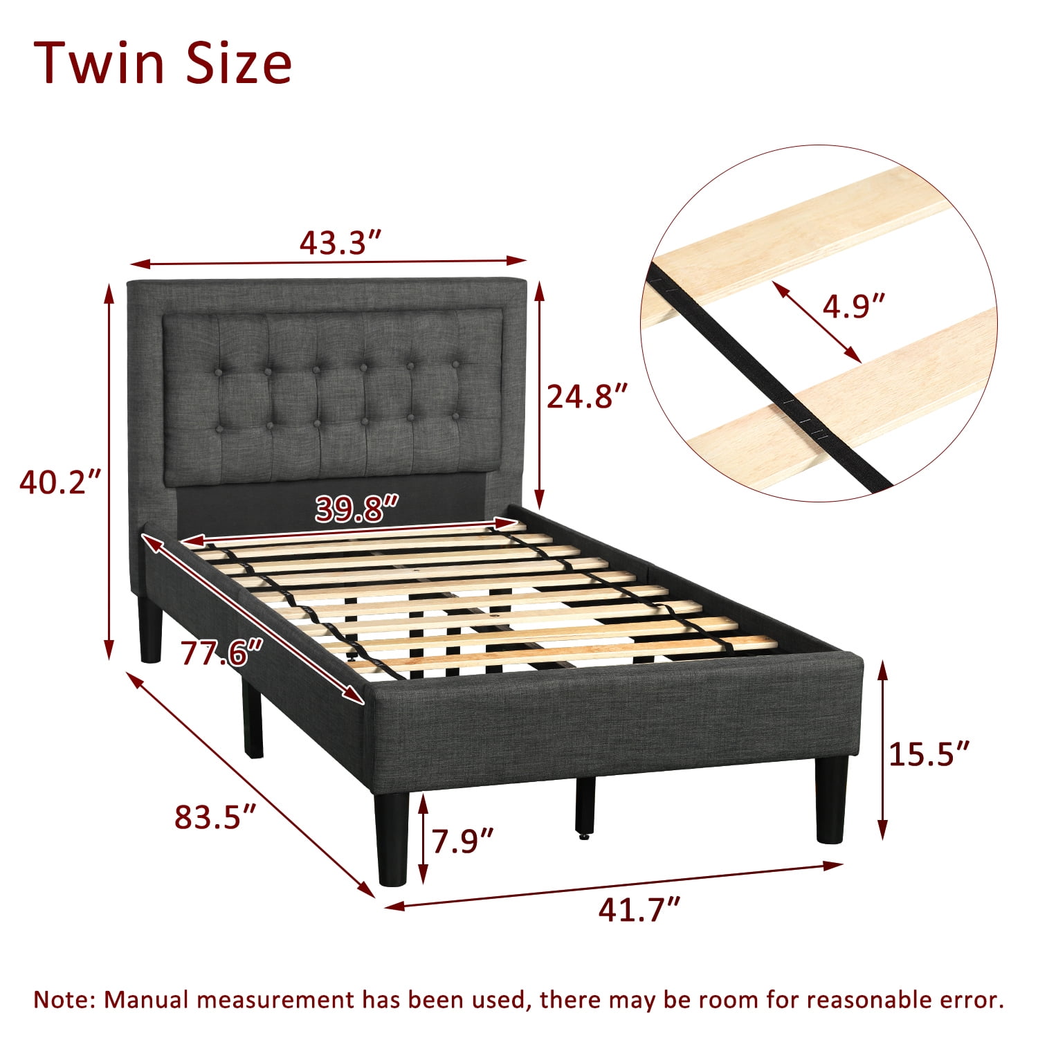 Button Tufted Platform Bed, Twin Size Bed Frame with Headboard, Gray