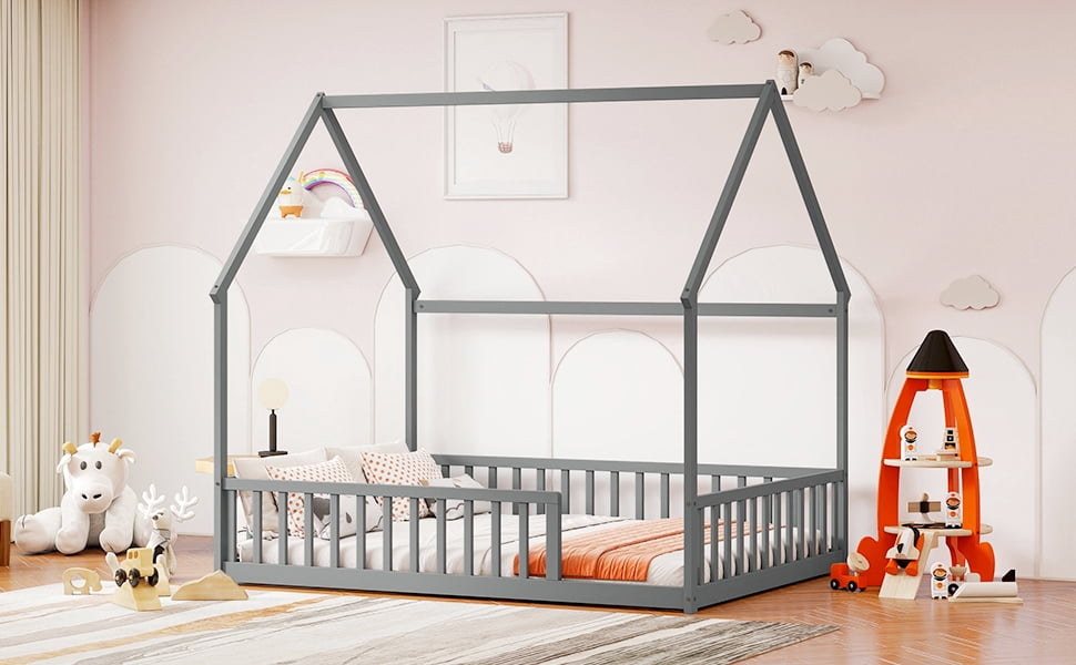 Full Size House Floor Bed with Full Surround Safety Fence, Solid Pine Wood Montessori Kids Playhouse Bed Frame Max 300 LBS No Box Spring Needed for Toddler Bedroom Nursery