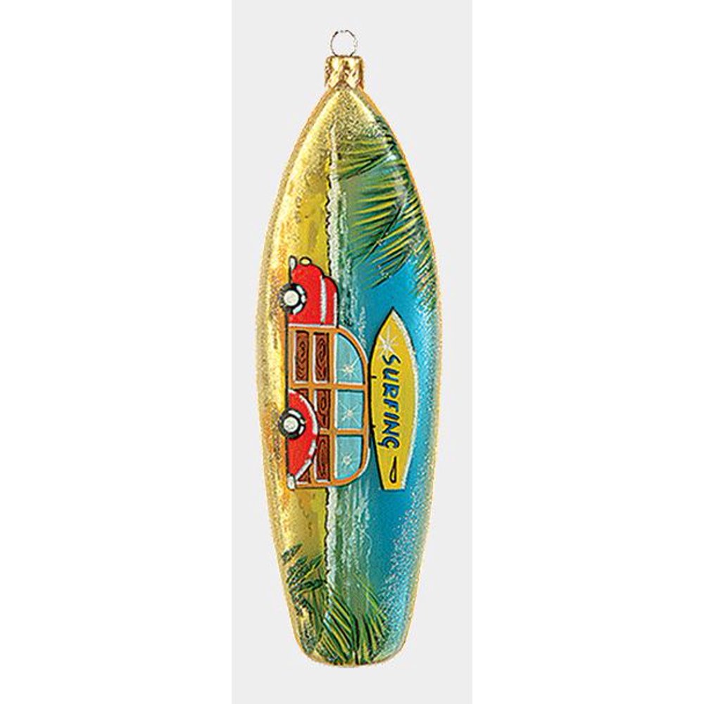 Surfboard with Woodie Car Polish Glass Christmas Ornament Surfing