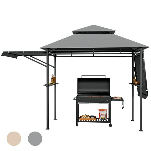 Gymax 13.5' x 4' Patio BBQ Grill Gazebo Side Awnings Shelves 2-Tier Canopy Outdoor