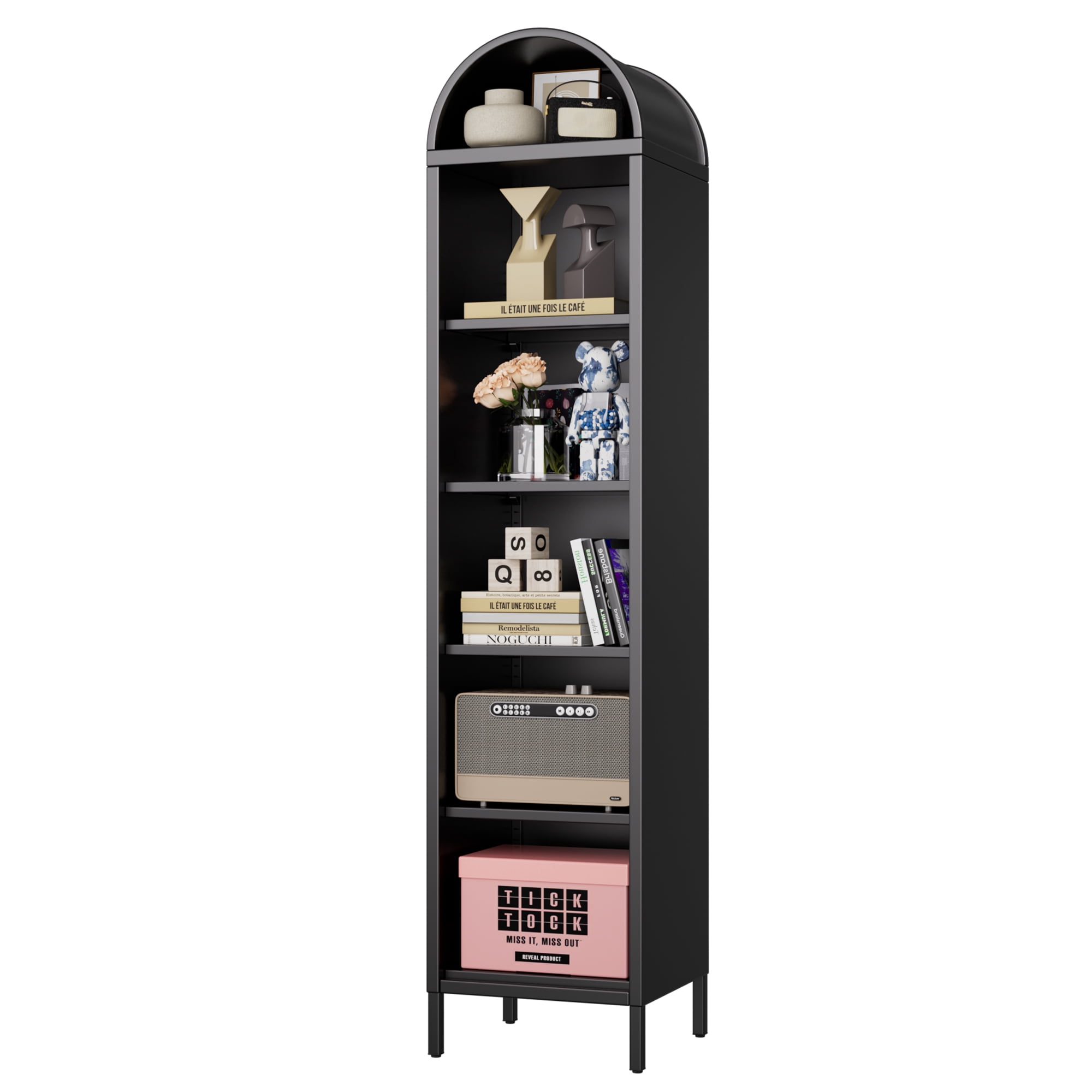 Aobabo Metal Arched Bookcase with 4 Adjustable Shelves,6 Tier Arch Display Bookshelf for Home, Office, Study Room, Assembly Required, Black,13.78"D x 16.26"W x 72.83"H