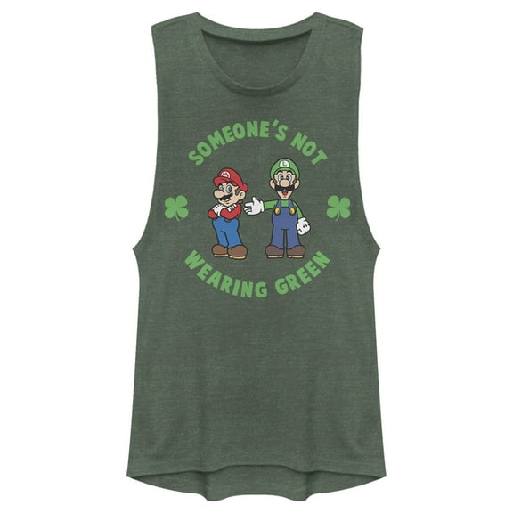 Junior's Nintendo Super and Luigi St. Patrick's Day Not Wearing Green  Festival Muscle Graphic Tee Pine Green Heather Large
