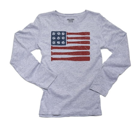 Baseball American Flag - Bats & Ball Red White & Blue Women's Long Sleeve Grey T-Shirt