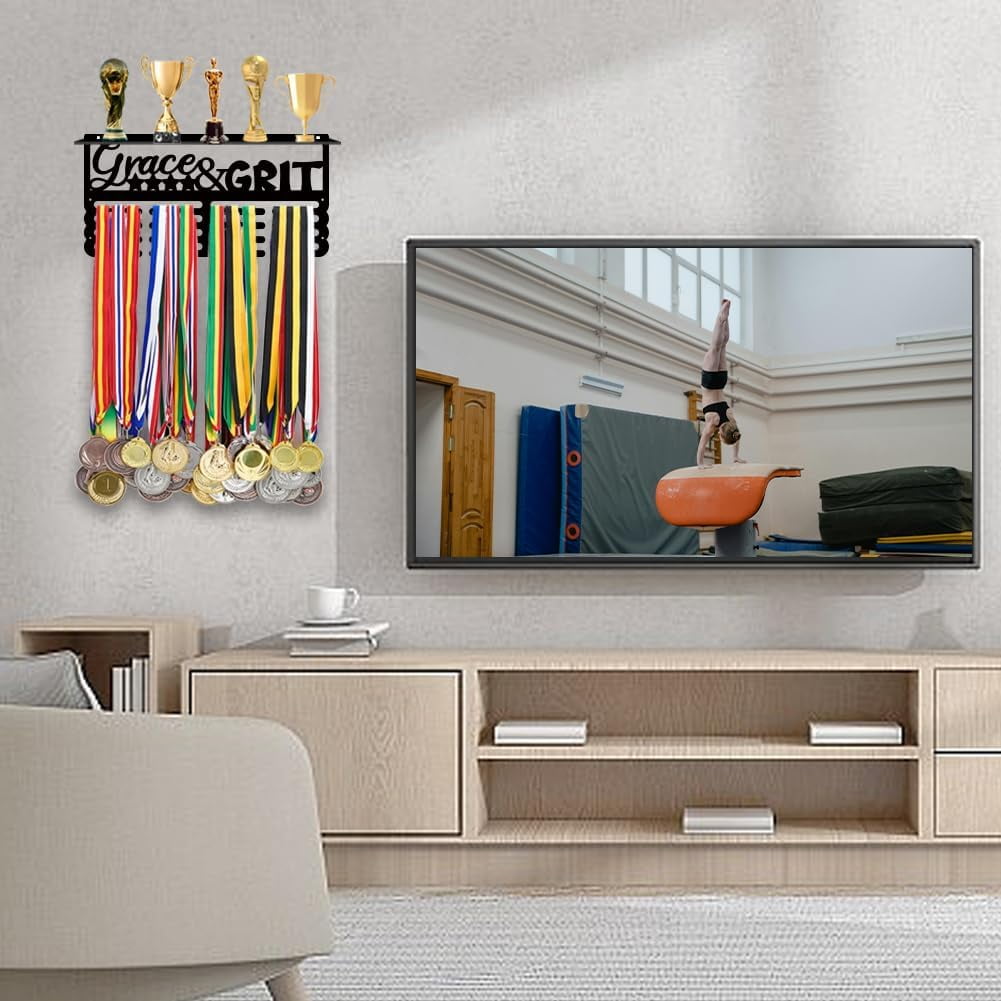 Medal Holder Display Hanger Grace & Grit Metal Medal Hooks Medal Hanger Display Rack Frame Ribbon Holder Wall Mounted Competition Awards Holder Hanging for 60 Sports Medals Athletes GiftBlack