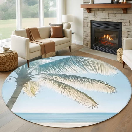Blue Coastal Round Area Rug 5 FT Non Slip Bedroom Rugs Summer Palm Trees Vacation Watercolor Washable Soft Circular Carpet Non-Shedding Floor Mat for Kitchen Dining Room Foyer Balcony Dorm