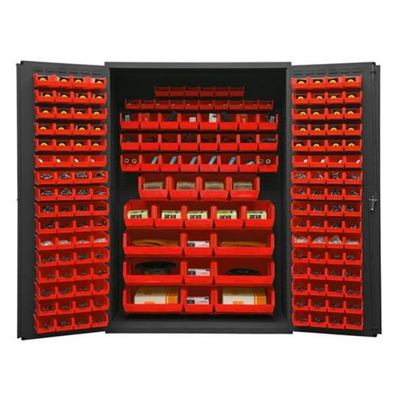 Durham 2502-186-1795 48 in. 16 Gauge Flush Door Style Lockable Storage Cabinets with 186 Red Hook on Bins, Gray