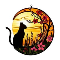 BNNG Black Cat Decor On White Moon Stained Glass Window Hanging Suncatcher for Windows Panels Sun Catcher Halloween Ornament Decoration Memorial Gift for Lover Cat, 6 inches
