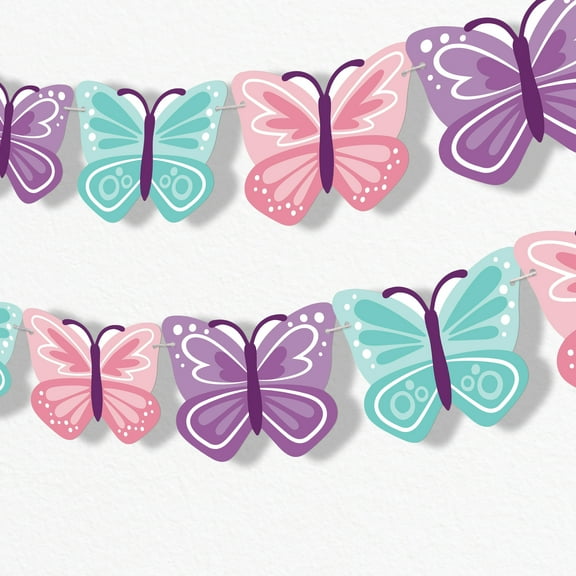 Big Dot of Happiness Beautiful Butterfly Garland Banner, Baby Shower or Birthday Party Decorations, Fairy Garden Party Banner, 30 Feet of Cord, 15 Double-Sided Butterflies