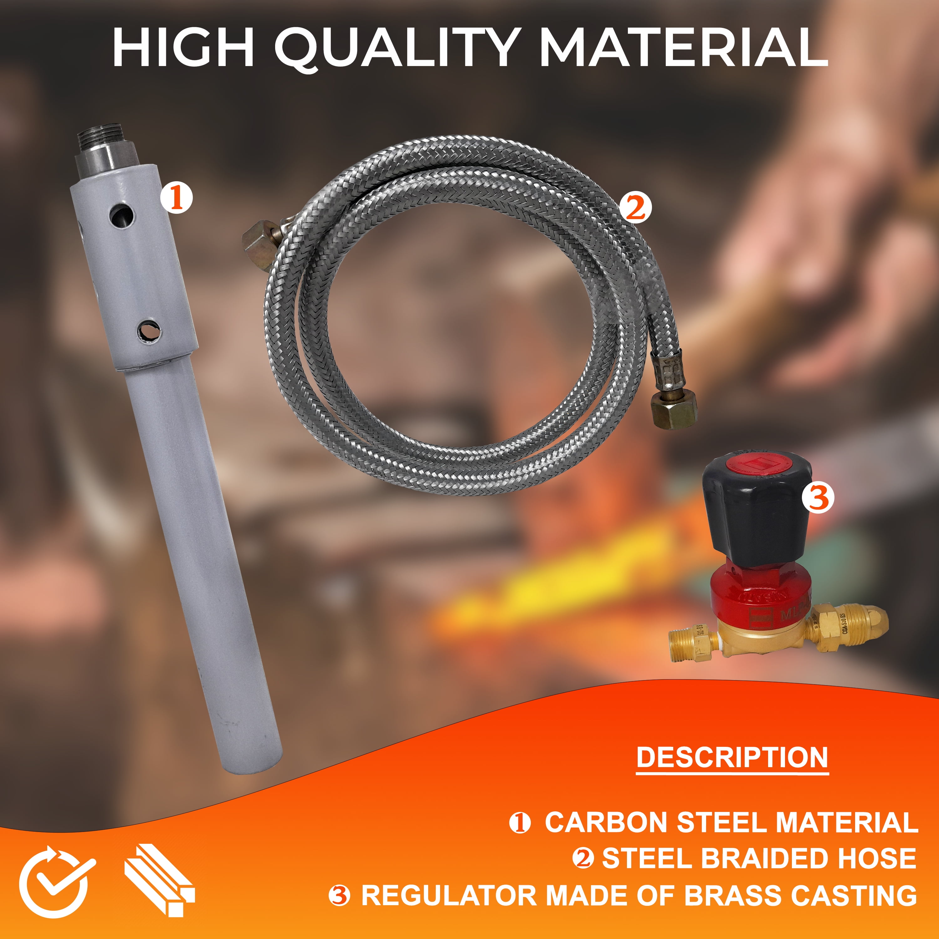 FEBTECH - Single Burner Propane Forge Kit, Burner with Steel Braided Hose and 0-21 PSI Regulator Gas Line Connectors