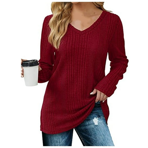 Fiaer Women V Neck Sweaters Plus Size Fashion Long Sleeve Shirts Loose Fit Casual Plain Lightweight Knit Tops Red XL