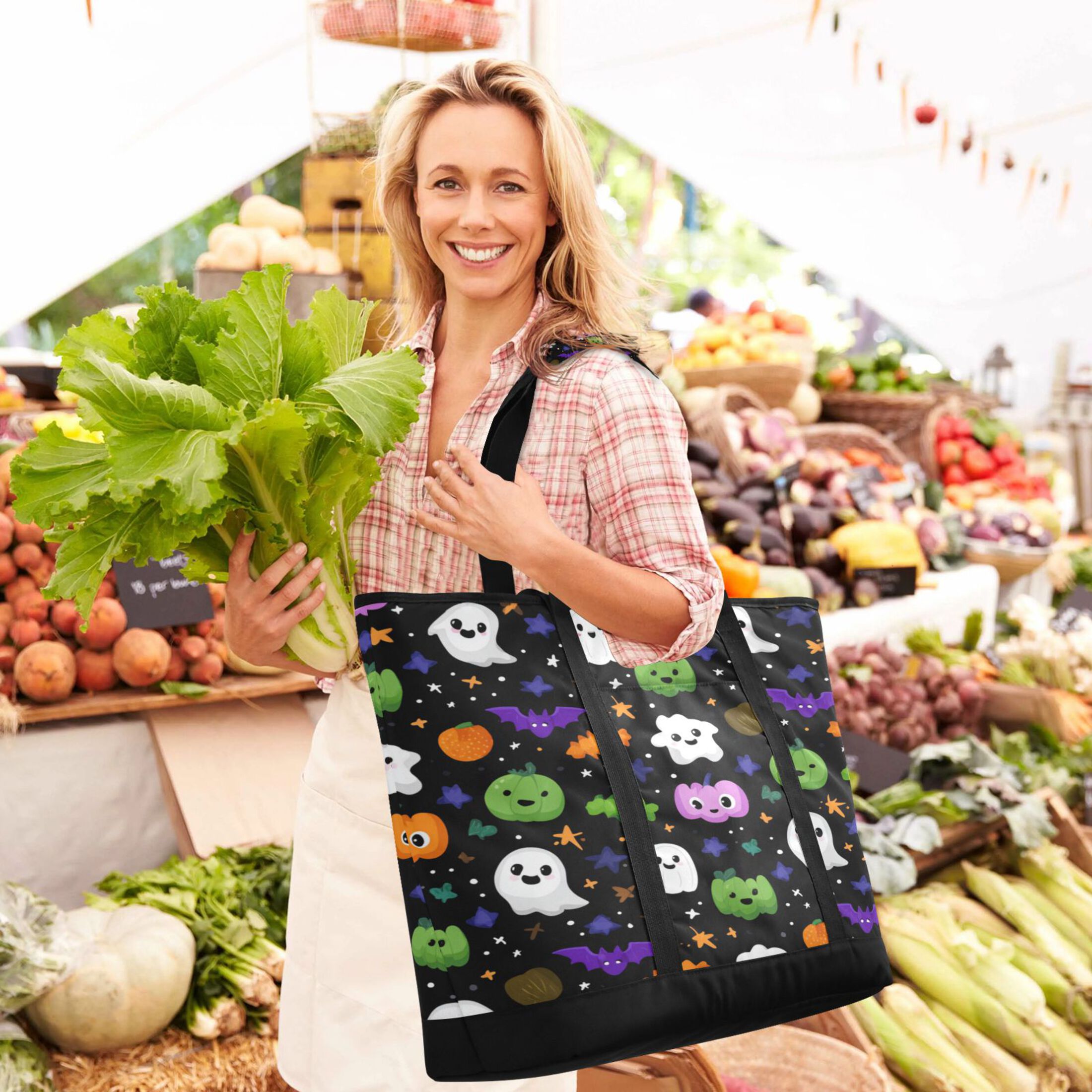 Extra-Large Wide Opening Design Capacity Hand-Held Ice Pack Thickened Insulation Layer For Long-Lasting Cold Retention For Outdoor Shopping Picnics And Camping Cartoon Ghosts Pumpkins