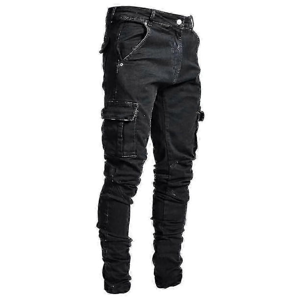 New 2023 Mens Skinny Cargo Combat Denim Jeans Casual Slim Fit Pants Trousers