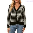 thumbnail image 2 of Lixiuxyad ‌Women's V-Neck Striped Knit Cardigan Long Sleeve Button-Front Summer Knit Tops,Black, 2 of 6