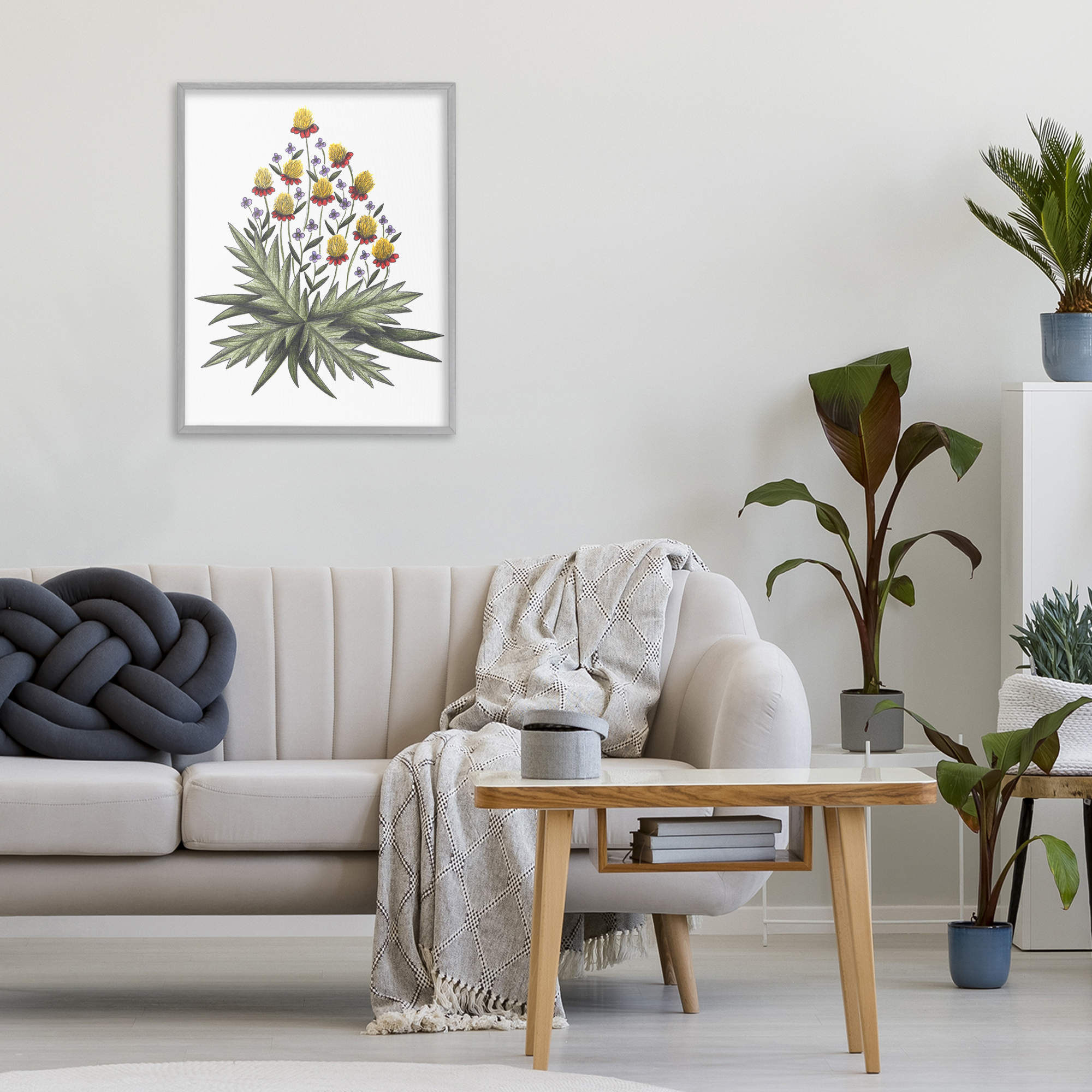 Yellow Leafy Wild Flowers Gray Framed Giclee Art, design by Cecilia Battaini