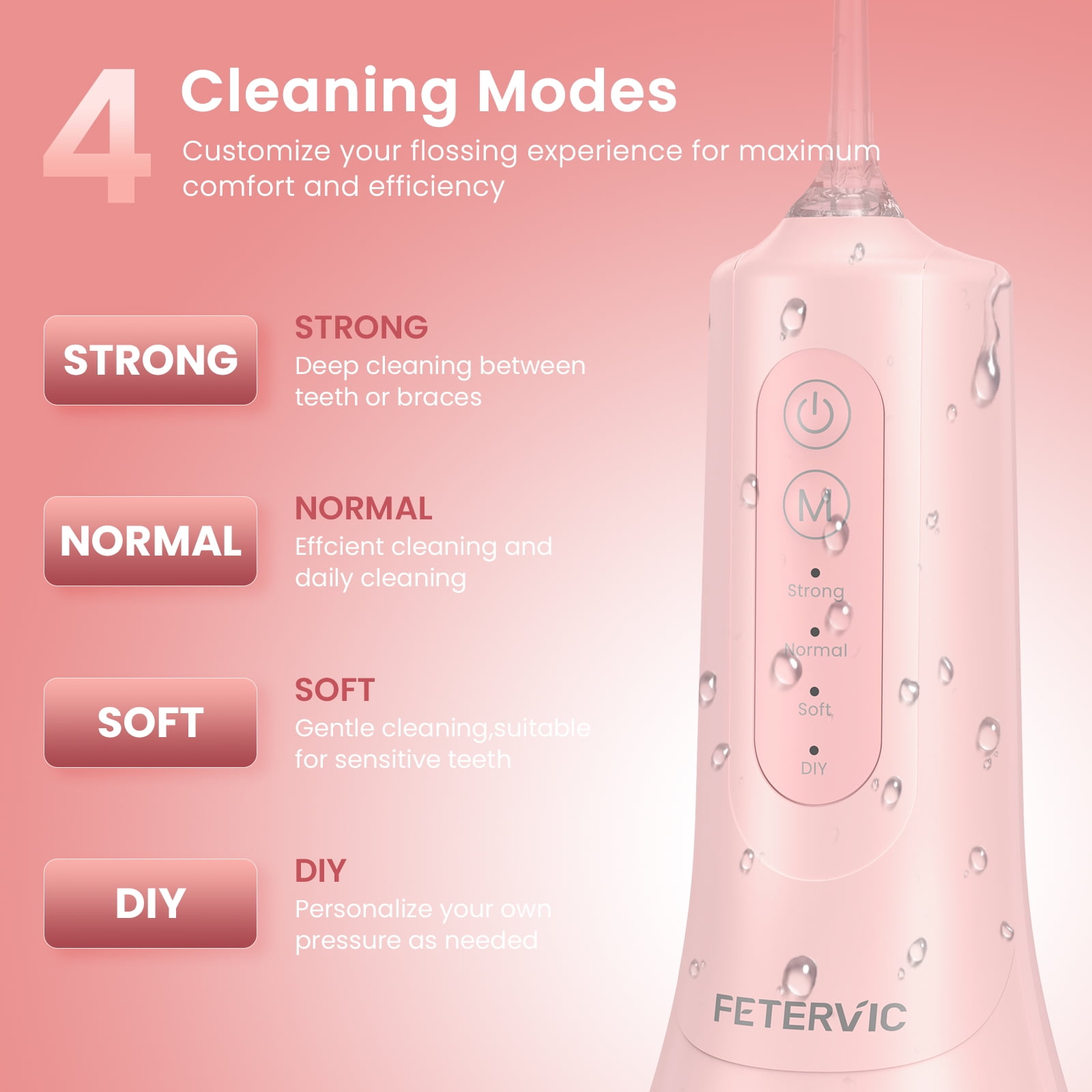 FETERVIC Water Dental Flosser for Teeth – Cordless Oral Irrigator, 8 Jet Tips, 4 Modes, 360° Nozzle, 260ML Rechargeable, IPX7 Waterproof for Home & Travel（Pink）
