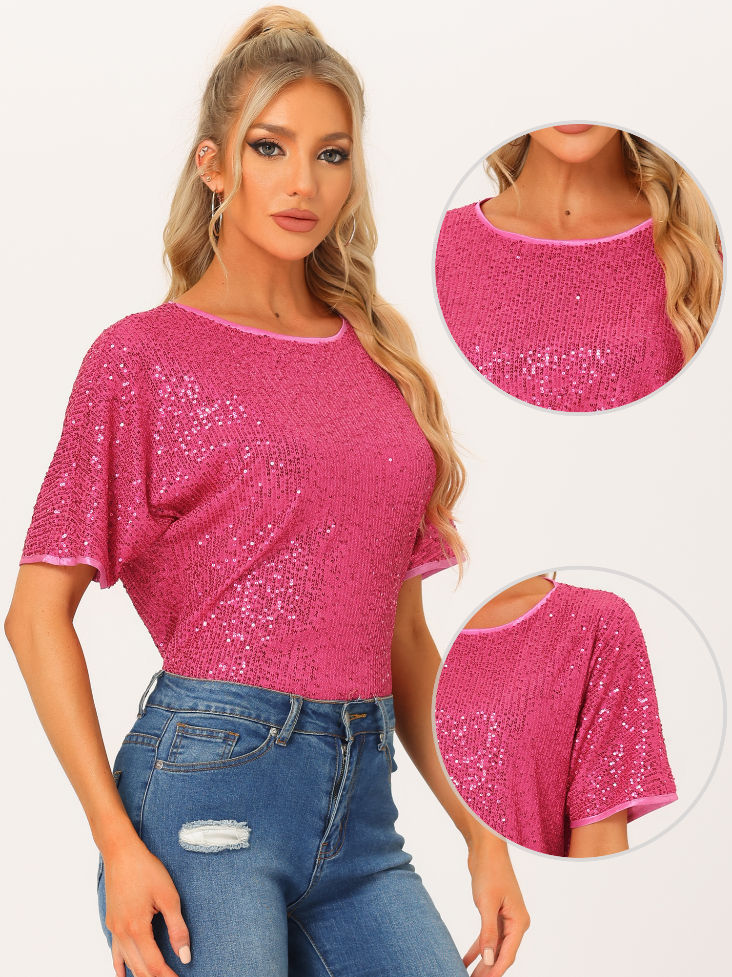 DARING DIVA Women's Costume Sequin Clubwear Blouses T-Shirts S Hot Pink