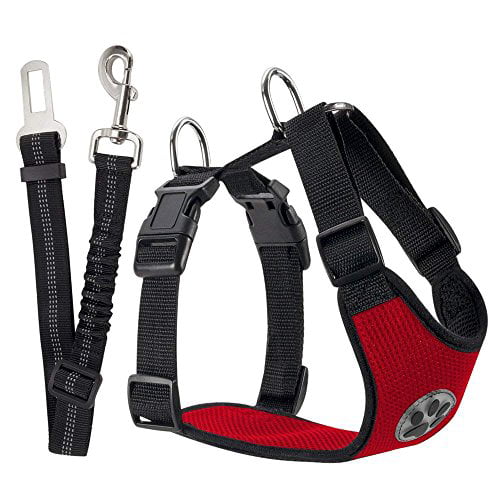 Multifunction Adjustable Vest Harness Double Breathable Mesh Fabric with Car Vehicle Safety Seat Belt SlowTon Dog Car Harness Plus Connector Strap