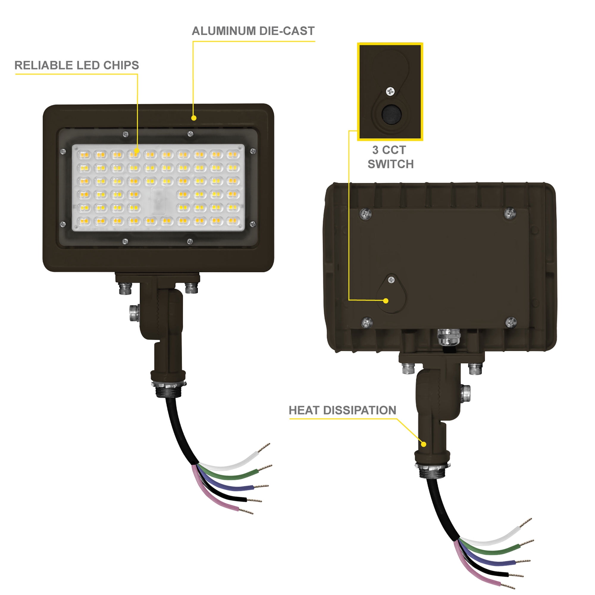 NUWATT 30W LED Flood Light, 3CCT 3000K/4000K/5000K Selectable, IP65 Waterproof Lighting, Adjustable Knuckle Mount, 4200LM, 0-10V Dimmable, 120-277V, Outdoor Security Floodlight for Yard, Bronze, UL