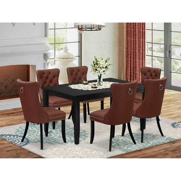 Rustic Dining Table Set with 6 Chairs - Black Kitchen Table Set - 7 Piece Set