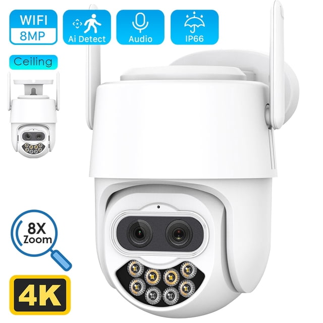 Cámara IP de seguridad para exteriores, videocámara de vigilancia de doble lente, 8MP, 4K, Zoom híbrido, PTZ, WiFi, IA, detección humana, Audio de 4MP, CCTV