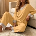 thumbnail image 4 of YYDGH Pajamas Sets for Women Two Piece Lounge Outfits Lace Trim V Neck Top Long Sleeve Tops and Wide Leg Pants Sleepwear Loungewear Nightwear Suit, 4 of 6
