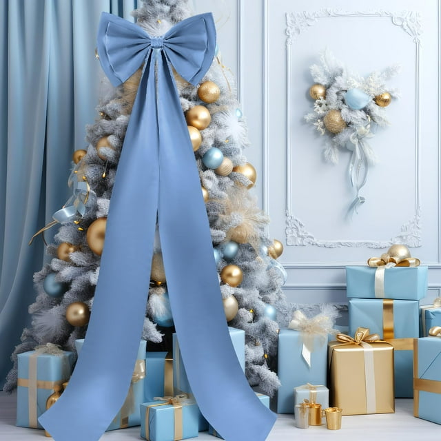 Decoración para árbol de Navidad con lazo gigante, azul empolvado