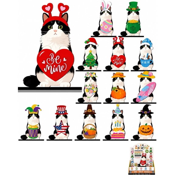 Interchangeable Seasonal Animal Wooden Decor Set, desk cat with magnetic outfits for Office Desk Table Home Room