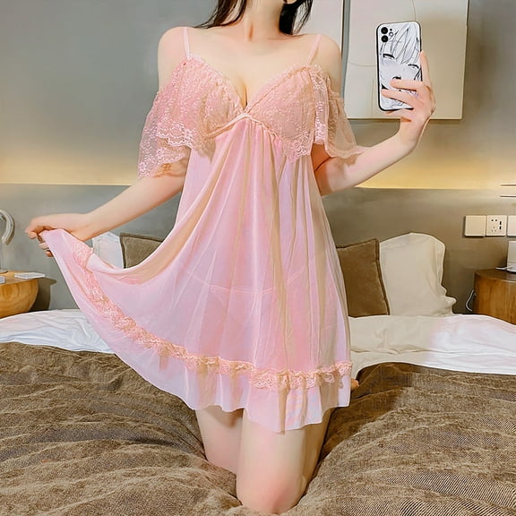 ylioge Lace Nightgowns for Women Lightweight See-Through V Neck Mini Dresses Ladies Trendy Solid Cold Shoulder Homewear Sleepshirts