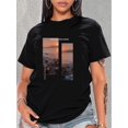 thumbnail image 1 of [Vintage Sunset Print Fashion Tee] Vintage Seaside Sunset Print Women's Casual Fashion Tee - Round Neck, Short Sleeve, Breathable Polyester, Machine Washable, Beach T Shirt, 1 of 7