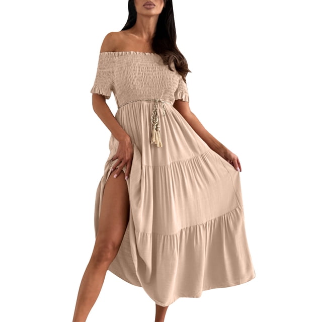 Taylonsss Womens Summer Dress Boho Strapless Solid Color Drawstring Off Shoulder Short Sleeve Ankle Length Beach Vacation Outfit