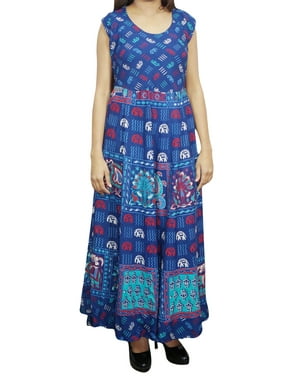 Mogul Women Blue Cotton Maxi Dress Elephant Print Sleeveless Dresses