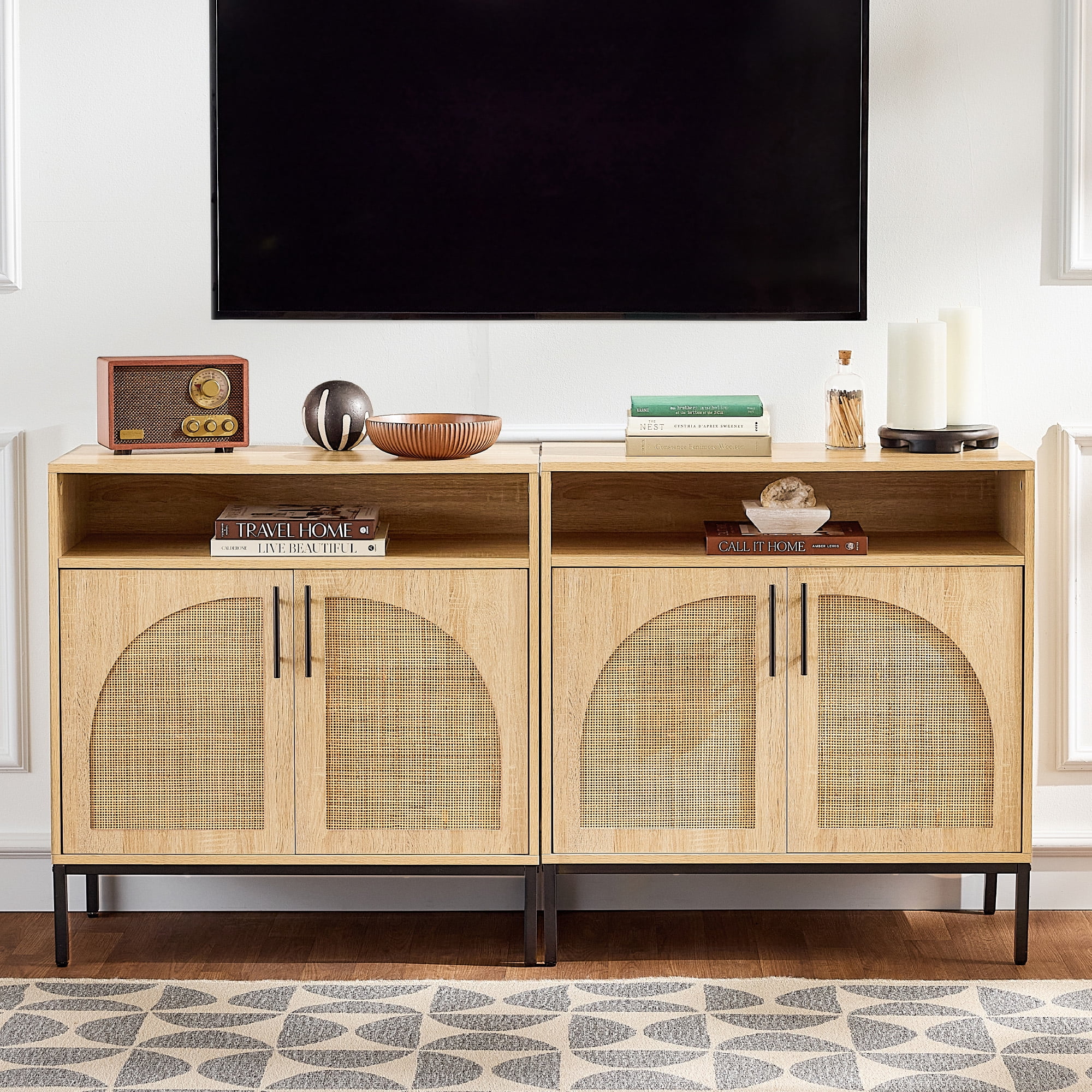Best Choice Products Arched 2-Door Rattan Cabinet, Sideboard, Buffet, w/ Cord Cutout, Adjustable Storage Shelf - Natural