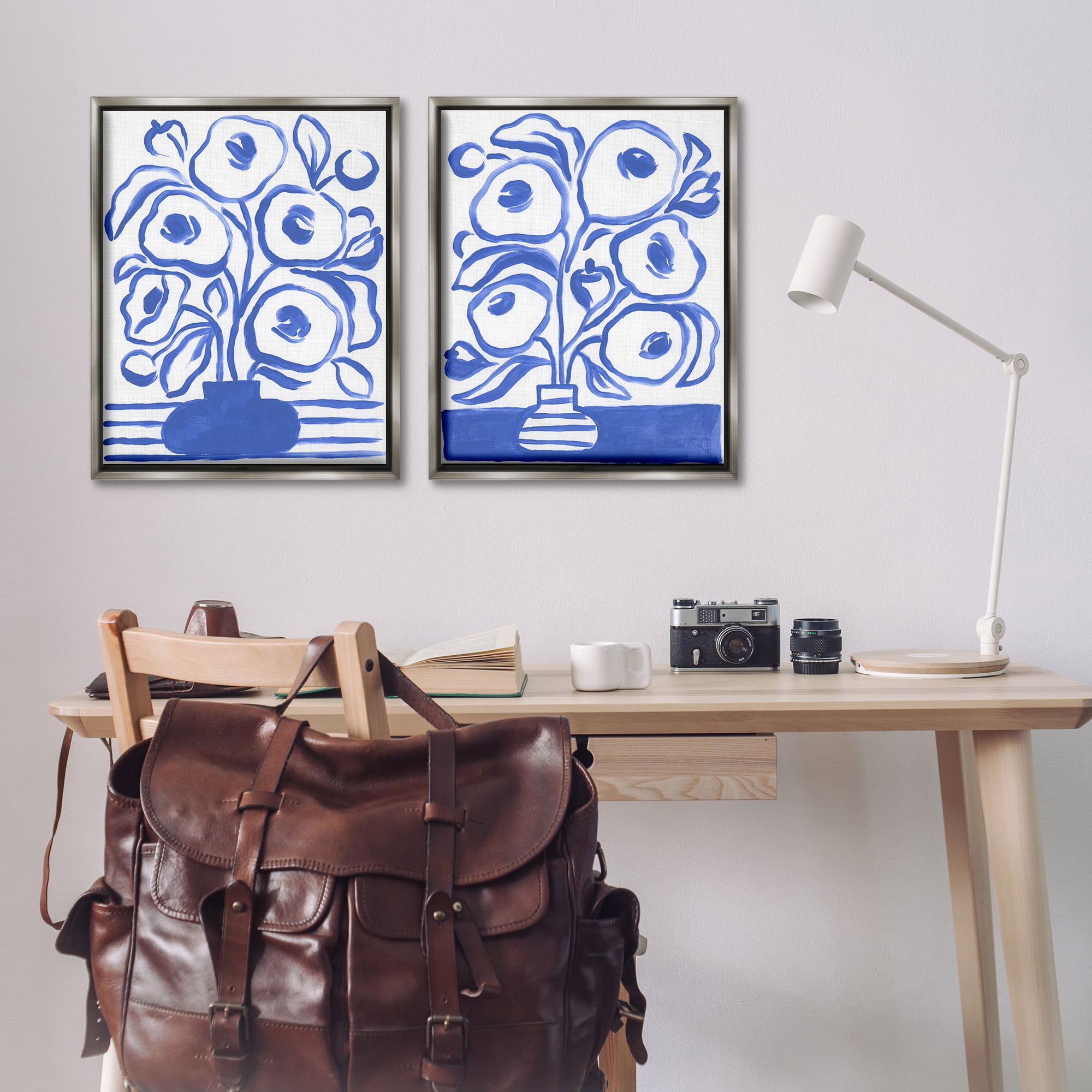 Stupell Industries Modern Blue Floral Vase Plants & Flowers Painting Gray Floater Framed Canvas Art Print Wall Art, 31 x 25, Set of 2