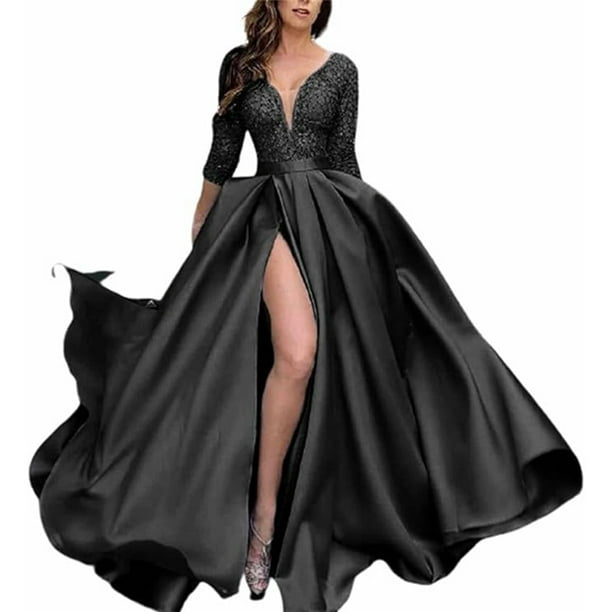 Vestido de noche de manga larga con escote en V para mujer, elegante vestido de fiesta largo con abertura hasta el muslo y talle imperio, vestido de cóctel para fiesta de boda (3XL)