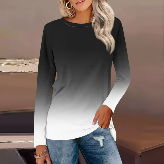 Topvent Women's Long Sleeve Round Neck Gradient Print Shirt Basic T-shirt Casual Autumn Tops