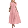 thumbnail image 4 of Huowey Womens Dresses Cotton Linen Short Sleeve High Waist Solid Color V-Neck Smocked Ruched Loose Fit Tiered Simple Breathable Fashionable Flowy Mid Length Dress Outfits Clothing, 4 of 5