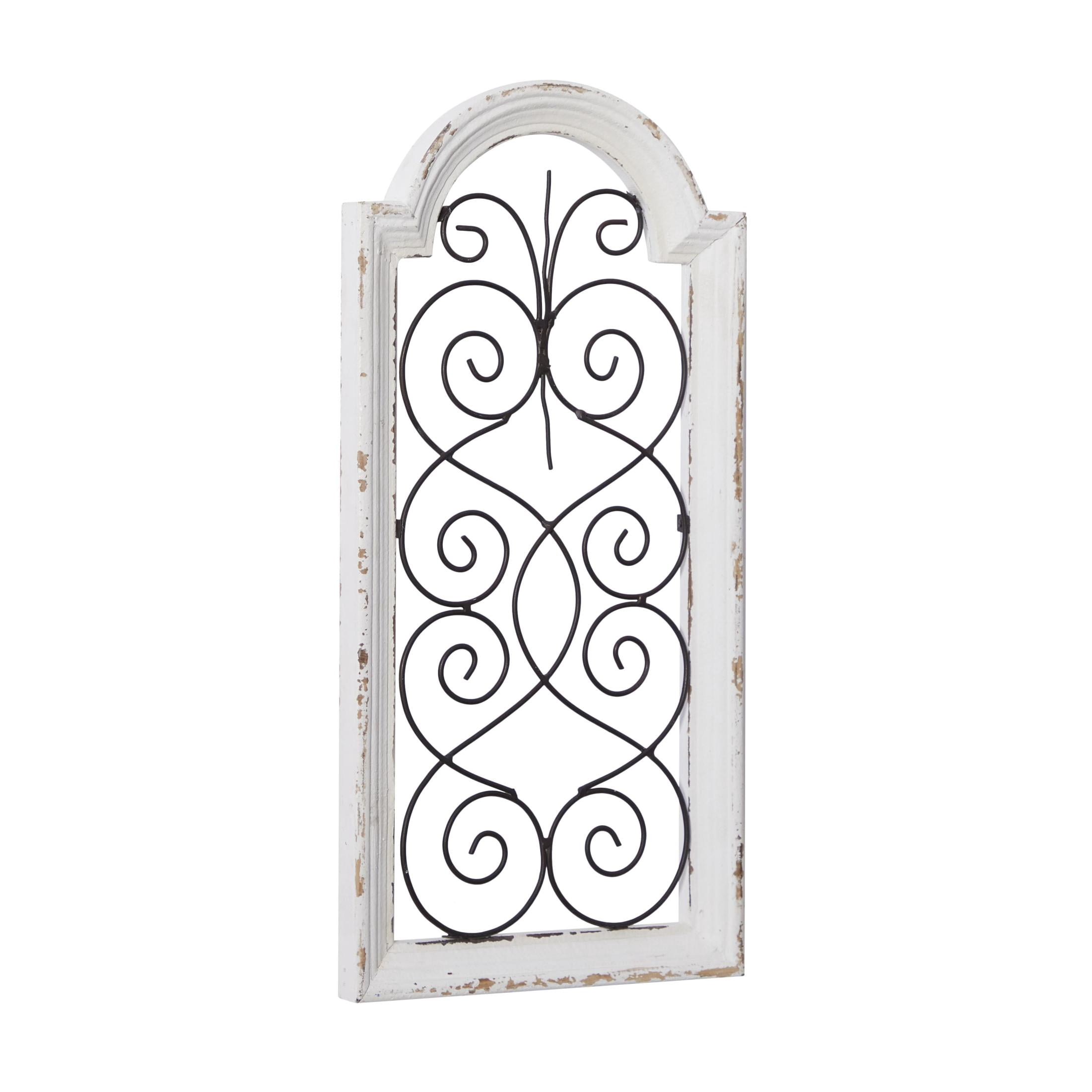 DecMode White Wood Arched Window Inspired Scroll Wall Decor with Metal Scrollwork Relief