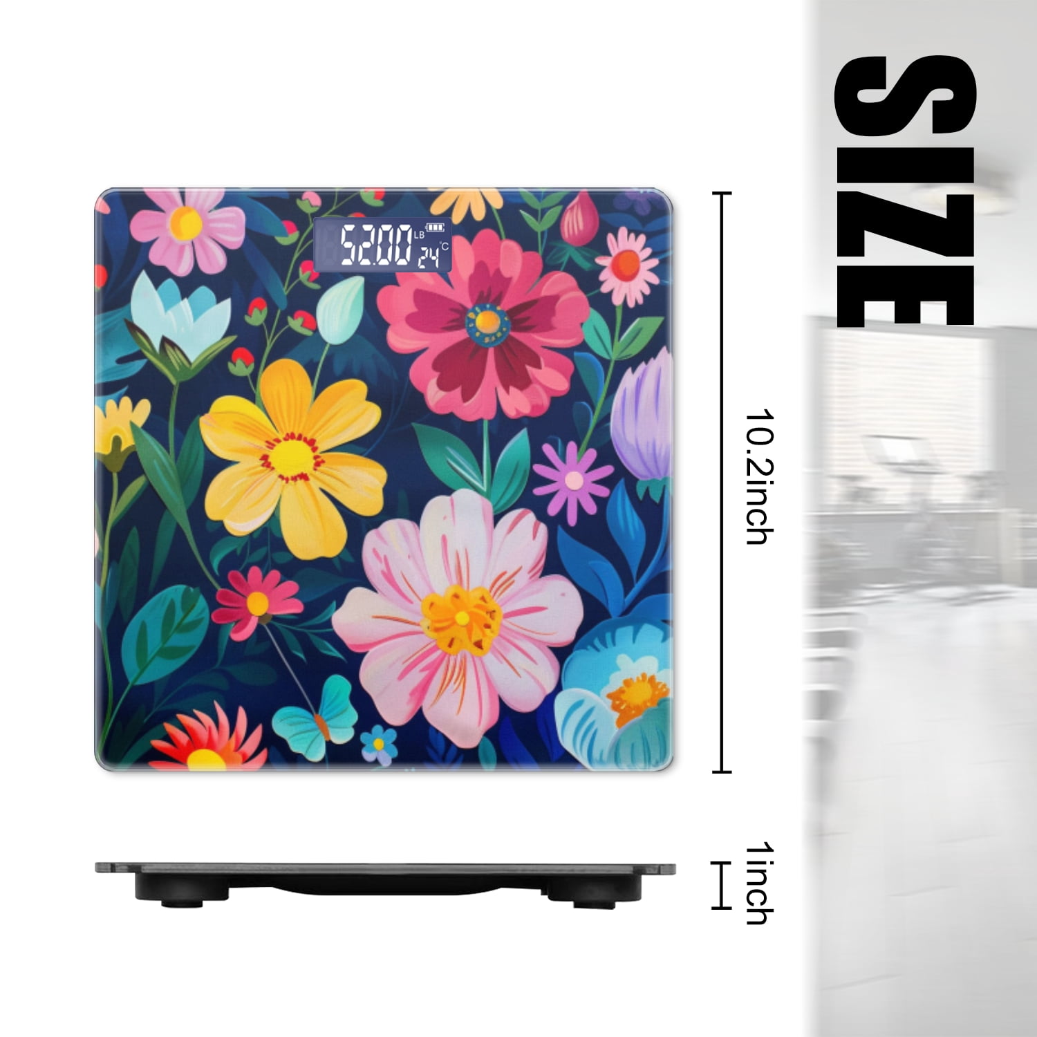 Digital Bathroom Scale with Large LCD Display,High Capacity Scale 400 lbs High Precision body fat scale-Vibrant And Colorful Floral Pattern On Dark Blue Background